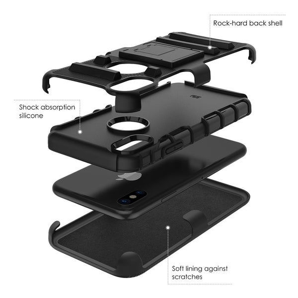 Apple iPhone XS, iPhone X Case Rugged Drop-Proof Heavy Duty Black + Black with H Style Stand Kickstand