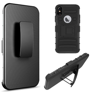 Apple iPhone XS, iPhone X Case Rugged Drop-proof Heavy Duty Black + Black with H Style Stand Kickstand