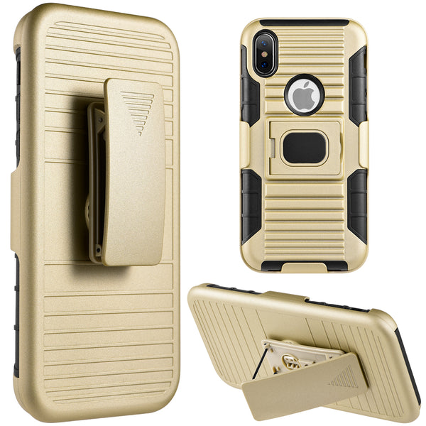 Apple iPhone XS, iPhone X Case Rugged Drop-proof Heavy Duty Holster Combo with Magnetic Stand Kickstand - Gold