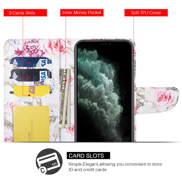 Apple iPhone 11 Pro Max Case Rugged Drop-Proof PU Leather Wallet with Flip Screen Cover & Multiple Card Slots - Rosy Aroma
