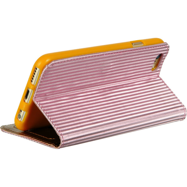 Apple iPhone 6, iPhone 6S Case Rugged Drop-proof Wallet Pouch with Card Window Slot - Shiny Stripes - Hot Pink
