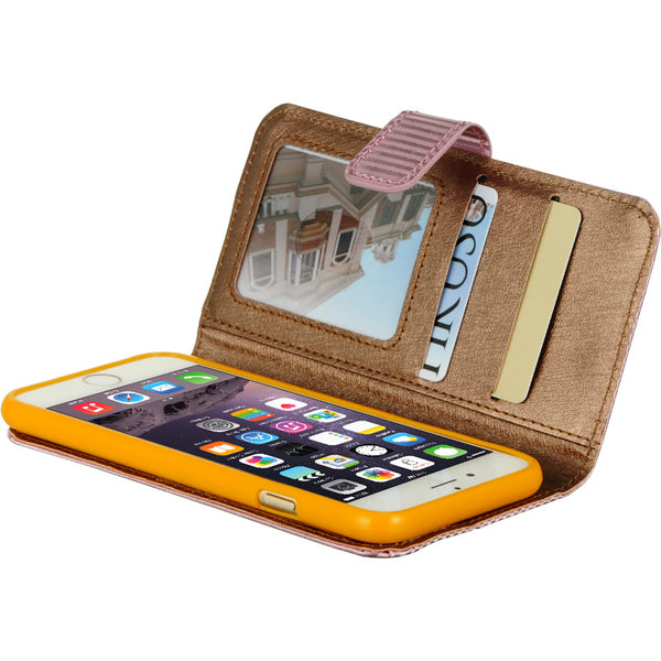 Apple iPhone 6, iPhone 6S Case Rugged Drop-Proof Wallet Pouch with Card Window Slot - Shiny Stripes - Hot Pink