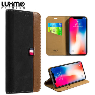 Case for Apple iPhone XS / X Genuine Real Leather Flip Wallet Luxmo Premium The Yacht Collection - Black