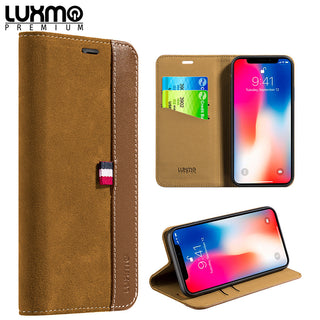 Case for Apple iPhone XS / X Genuine Real Leather Flip Wallet Luxmo Premium The Yacht Collection - Brown