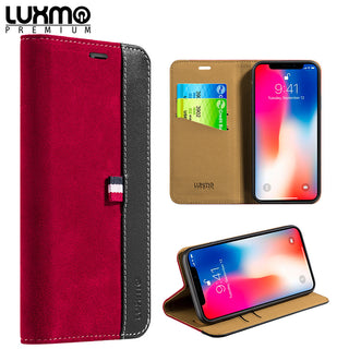 Case for Apple iPhone XS / X Genuine Real Leather Flip Wallet Luxmo Premium The Yacht Collection - Red