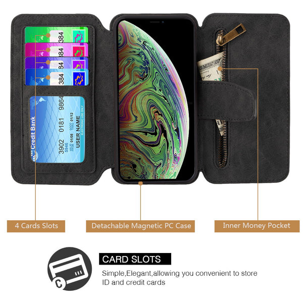 Apple iPhone XS Max Case Rugged Drop-Proof PU Leather Wallet with Flip Screen Cover & Multiple Card Slots - Black