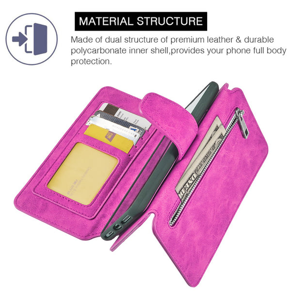 Apple iPhone XS Max Case Rugged Drop-Proof PU Leather Wallet with Flip Screen Cover & Multiple Card Slots - Hot Pink