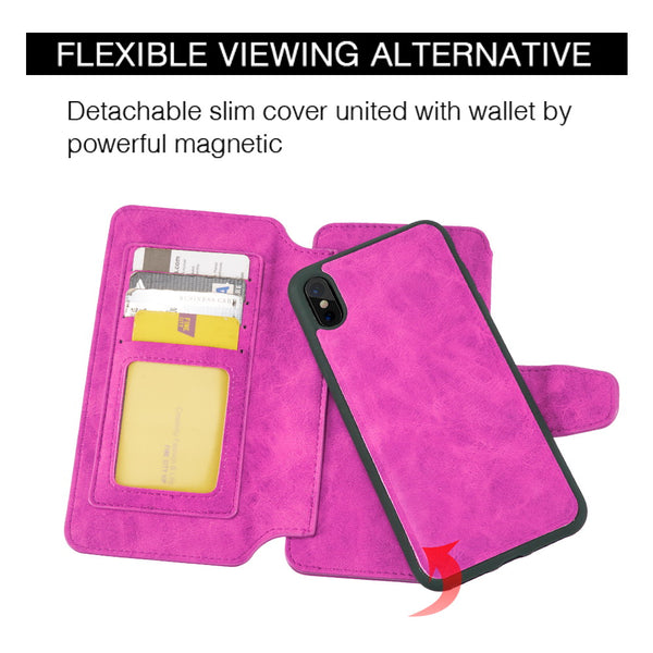 Apple iPhone XS Max Case Rugged Drop-Proof PU Leather Wallet with Flip Screen Cover & Multiple Card Slots - Hot Pink