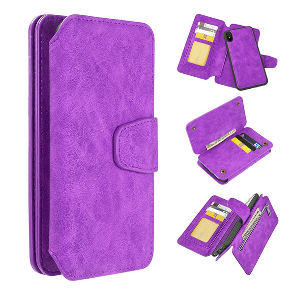 Apple iPhone XS Max Case Rugged Drop-proof PU Leather Wallet with Flip Screen Cover & Multiple Card Slots - Purple
