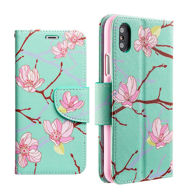 Apple iPhone XS Max Case Rugged Drop-Proof PU Leather Wallet with Flip Screen Cover & Multiple Card Slots - Japanese Blossom