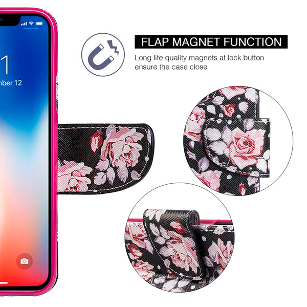 Apple iPhone XS Max Case Rugged Drop-Proof PU Leather Wallet with Flip Screen Cover & Multiple Card Slots - Moon Light Rose