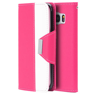 Samsung Galaxy S7 Case Rugged Drop-proof Wristlet Pouch Stand Kickstand with Card Slots - Hot Pink / White