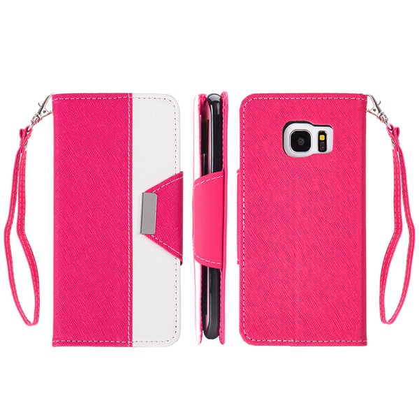 Samsung Galaxy S7 Case Rugged Drop-Proof Wristlet Pouch Stand Kickstand with Card Slots - Hot Pink / White