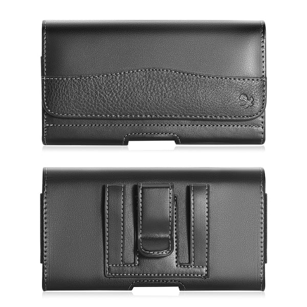 Luxmo #46 Large Size 6.3 Inch 6.75 X 3.75 X 0.75 Horizontal Universal Smooth Leather With Pebble Leather Flap And Dual Card Slots - Black