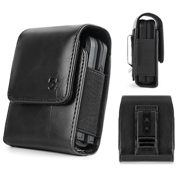 Luxmo Extra Small Size 4 inch 4.5 x 3 x 1 Universal Vertical Leather Pouch for Flip Devices - Black