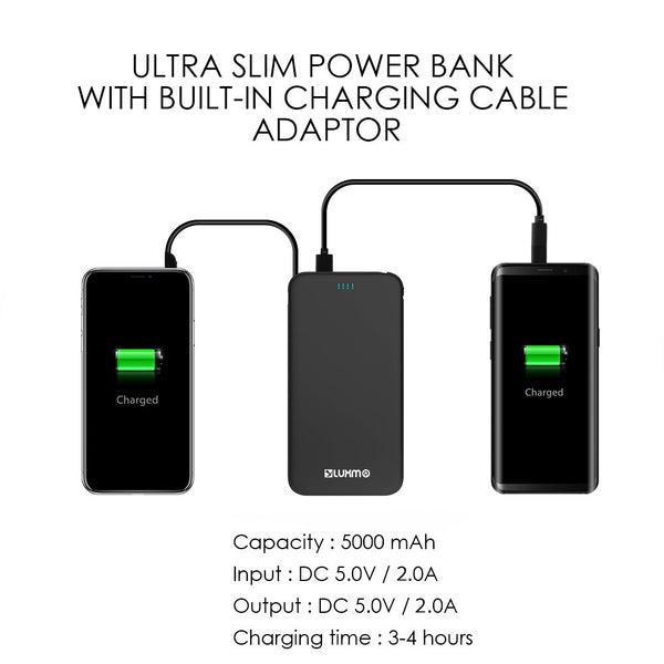 Universal Ultra Slim Charge 5000Mah External Power Bank with 2A Output and Built-In Type-C Cable - Black