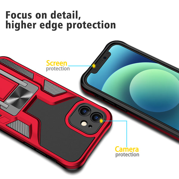 Apple iPhone 12 Case Rugged Drop-Proof Mech Design with Impact Absorption & Magnetic Kickstand - Red