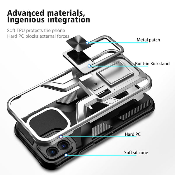 Apple iPhone 12 Case Rugged Drop-Proof Mech Design with Impact Absorption & Magnetic Kickstand - Silver