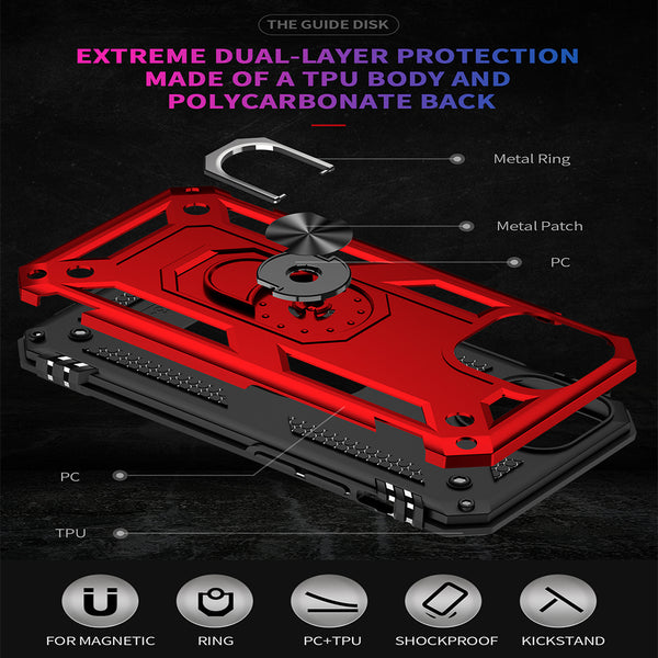 Case for Apple iPhone 13 Mini (5.4) Rubberized Hybrid Protective with Shock Absorption & Built-In Rotatable Ring Stand - Red