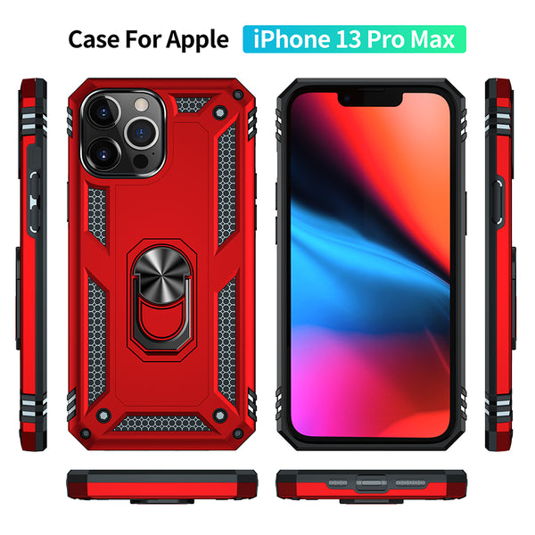 Case for Apple iPhone 13 Pro Max (6.7) -Red Rubberized Hybrid Protective with Shock Absorption & Built-In Rotatable Ring Stand
