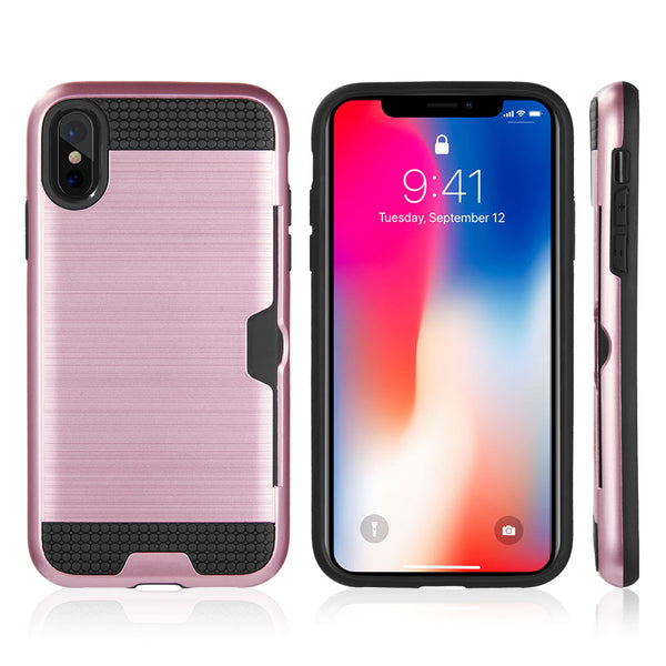 Apple iPhone XS Max Case Rugged Drop-Proof Card Holder with Black TPU & Silk Back Plate - Rose Gold
