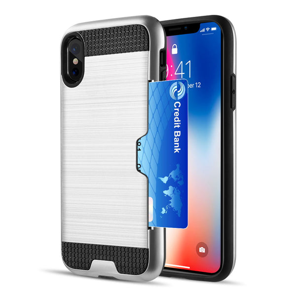 Apple iPhone XS Max Case Rugged Drop-proof Card Holder with Black TPU & Silk Back Plate - Silver