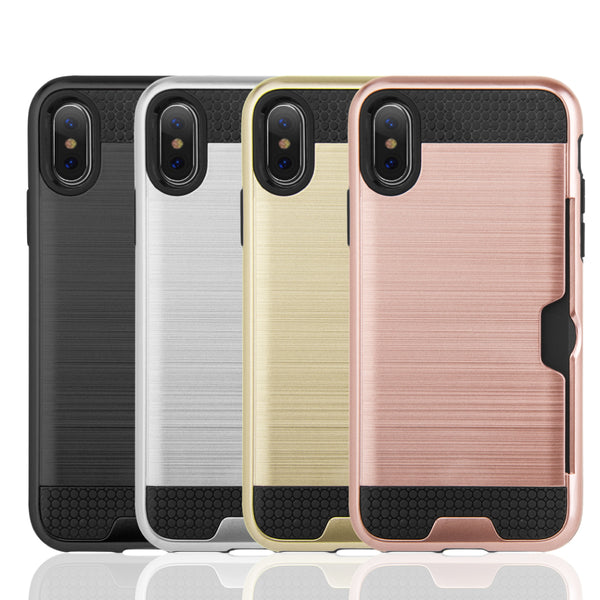 Apple iPhone XS, iPhone X Case Rugged Drop-Proof Heavy Duty Card Holder Black TPU with Silk Style Back Plate - Gold