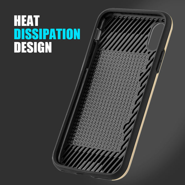 Apple iPhone XS, iPhone X Case Rugged Drop-Proof Heavy Duty Card Holder Black TPU with Silk Style Back Plate - Gold