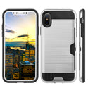 Apple iPhone XS, iPhone X Case Rugged Drop-Proof Heavy Duty Card Holder Black TPU with Silk Style Back Plate - Silver