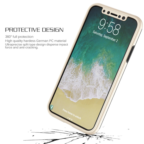 Apple iPhone XS, iPhone X Screen Protector and Case Rugged Drop-Proof Heavy Duty Silk Style TPU Frame with Tempered Glass Screen Protector - Gold