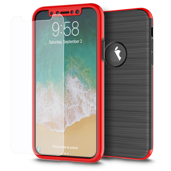 Apple iPhone XS, iPhone X Screen Protector and Case Rugged Drop-proof Heavy Duty Silk Style TPU Frame with Tempered Glass Screen Protector - Red