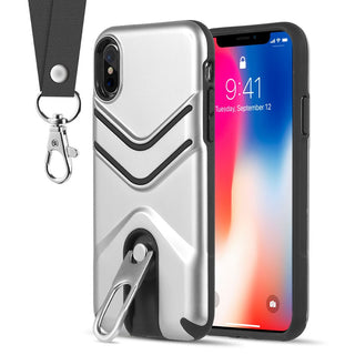 Apple iPhone XS, iPhone X Case Rugged Drop-proof with Metal Cap Stand Kickstand & Lanyard - Silver
