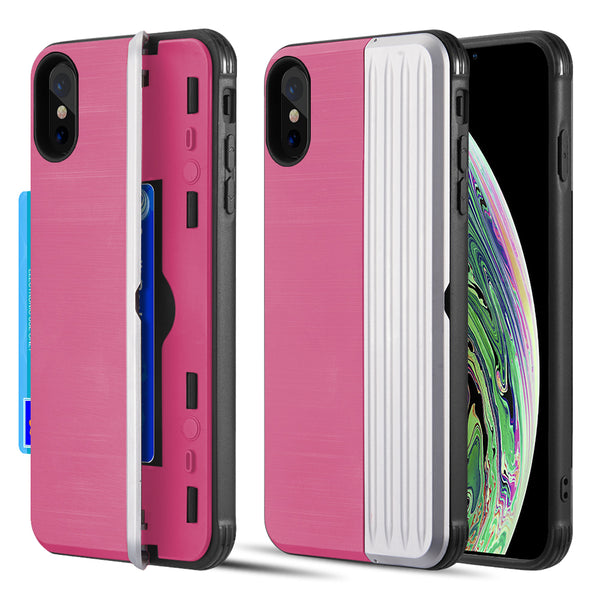 Apple iPhone XS, iPhone X Case Rugged Drop-proof Heavy Duty with Card Slot & Magnetic Closure Compartment - Pink / Silver