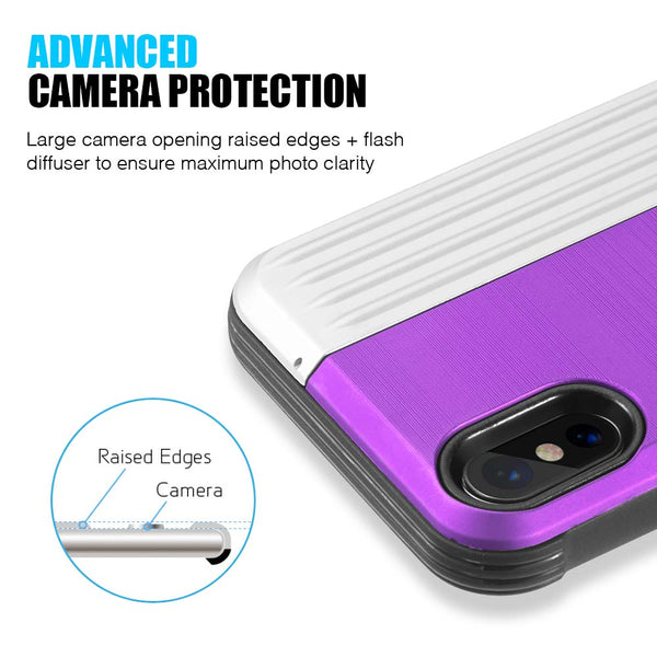 Apple iPhone XS, iPhone X Case Rugged Drop-Proof Heavy Duty with Card Slot & Magnetic Closure Compartment - Purple / Silver