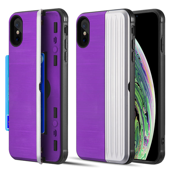 Apple iPhone XS Max Case Rugged Drop-proof Heavy Duty with Card Slot & Magnetic Closure Compartment - Purple / Silver