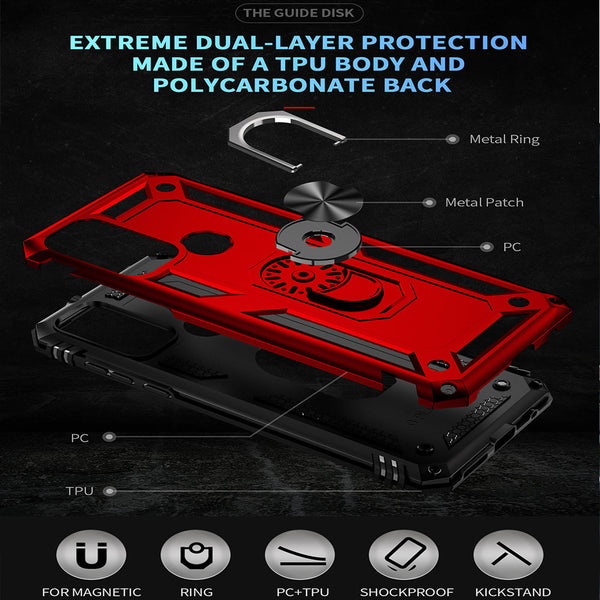 Case for Moto G Play 2023 Rubberized Hybrid Protective with Shock Absorption & Built-In Rotatable Ring Stand - Red