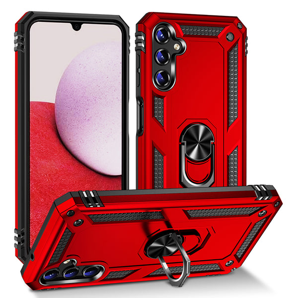Case for Samsung Galaxy A14 4G / 5G Rubberized Hybrid Protective with Shock Absorption & Built-In Rotatable Ring Stand - Red