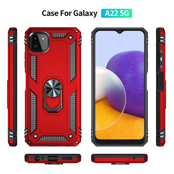 Case for Samsung Galaxy A22 5G / Celero 5G Rubberized Hybrid Protective with Shock Absorption & Built-In Rotatable Ring Stand - Red