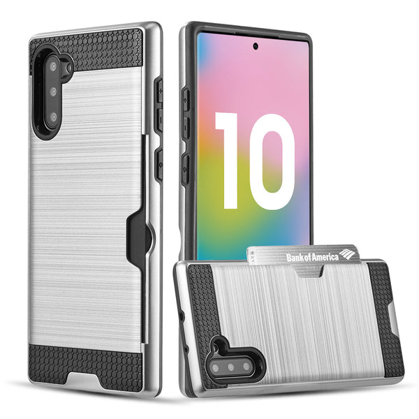 Samsung Galaxy Note 10 Case Rugged Drop-proof Black TPU with Card Holder & Silky Texture Back Plate - Silver