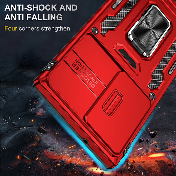 Samsung Galaxy S23 Ultra Case Rugged Drop-Proof Military Style with Sliding Camera Protection Cover & Rotatable Ring Holder Stand Kickstand - Red
