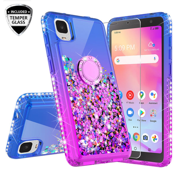 Case for TCL Ion Z / A3 / A30 withTemper Glass Glitter Phone Kickstand Compatible Case for TCL Ion Z / A3 / A30 TCL Ion Z / A3 / A30 Ring Stand Liquid Floating Quicksand Bling Sparkle Protective Girls Women - (Blue / Purple Gradient)