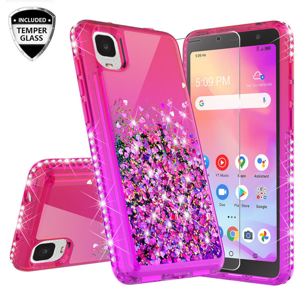 Case for TCL Ion Z / A3 Liquid Glitter Phone Waterfall Floating Quicksand Bling Sparkle Cute Protective Girls Women Cover Case for TCL Ion Z / A3 withTemper Glass - (Hot Pink / Purple Gradient)
