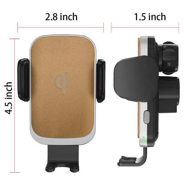 10W Qi Certified Fast Wireless Charging Automatic Dashboard Car Mount with Coil Inductive Mechanical Holder with Premium Leather Cusioned Cradle - Brown