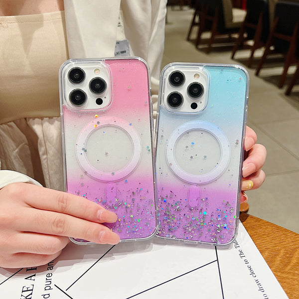 Case for Apple iPhone 11 6.1" Gradient MagSafe Glitter Stars Silver Flakes - Pink Purple