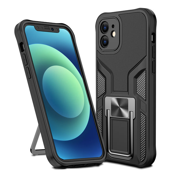 Apple iPhone 12 Case Rugged Drop-proof Mech Design with Impact Absorption & Magnetic Kickstand - Black