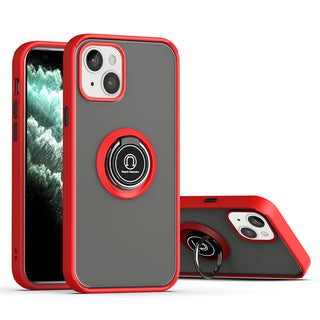 Apple iPhone 13 Case Rugged Drop-proof Frosted with Camera Lens Protector & Ring Holder Stand Kickstand - Red with Black Buttons