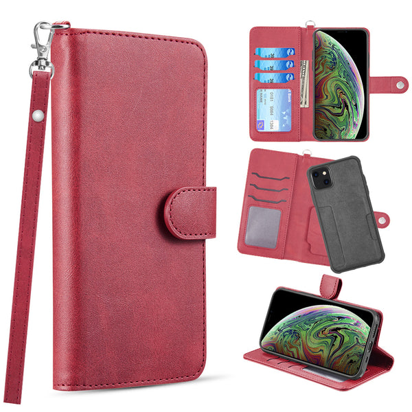 Apple iPhone 13 Case Rugged Drop-proof PU Leather Wallet with Flip Screen Cover & Card Slots - Red