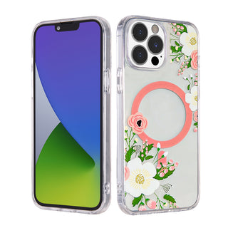 Apple iPhone 14 Pro Max Case Rugged Drop-proof Floral Design MagSafe Compatible with Raise Camera Protection - Pink Peony