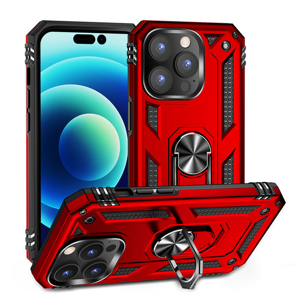 Apple iPhone 14 Pro Max Case Rugged Drop-proof with Impact Absorption & Built-In Rotatable Ring Holder Stand Kickstand - Red