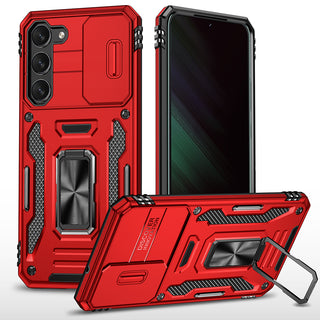 Samsung Galaxy S23 Plus Case Rugged Drop-proof Military Style with Sliding Camera Protection Cover & Rotatable Ring Holder Stand Kickstand - Red